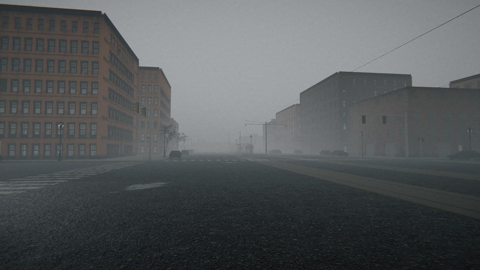 A fog-bound downtown avenue in Wrong Alley